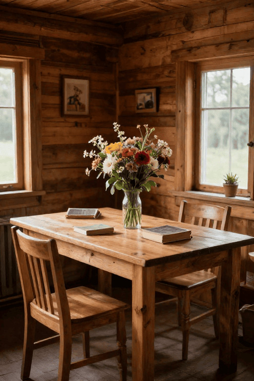 A welcoming study space in a log cabin, where silence and natural light invite introspection and mindful reading.
