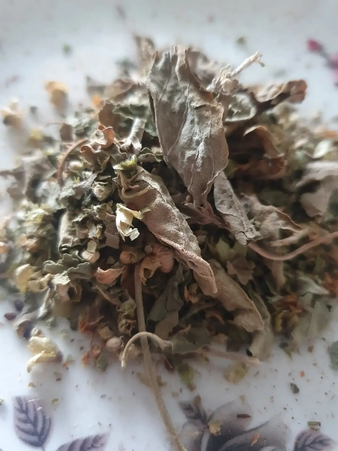 Getrocknetes und zerkleinertes Basilikum (Ocimum basilicum) – eine Heilpflanze, die nützlich zur Verbesserung der Verdauung, zur Entspannung des Nervensystems und für andere Naturheilmittel ist.